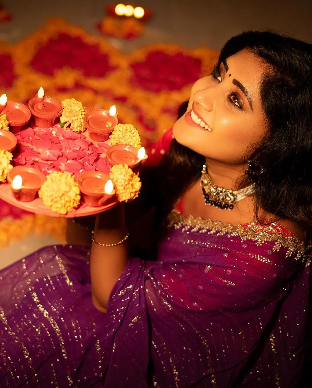 Vasanthi Krishnan Wearing Traditional Violet Saree Blouse